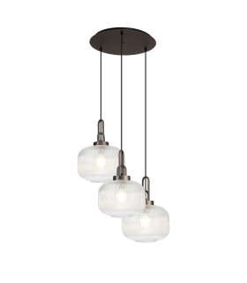 Yorktown 65cm 2m Round Pendant 3 x E27 Antique Silver/Matt Black 30cm Pumpkin Shaped Ribbed Clear Glass-1