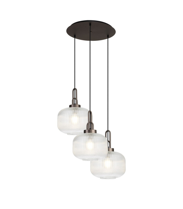 Yorktown 65cm 2m Round Pendant 3 x E27 Antique Silver/Matt Black 30cm Pumpkin Shaped Ribbed Clear Glass-1