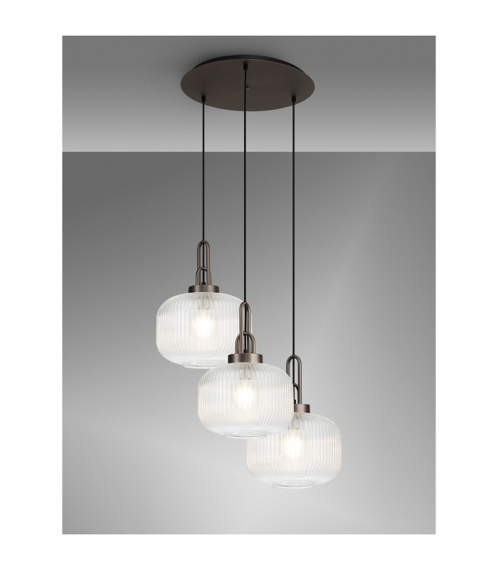 Yorktown 65cm 2m Round Pendant 3 x E27 Antique Silver/Matt Black 30cm Pumpkin Shaped Ribbed Clear Glass-3