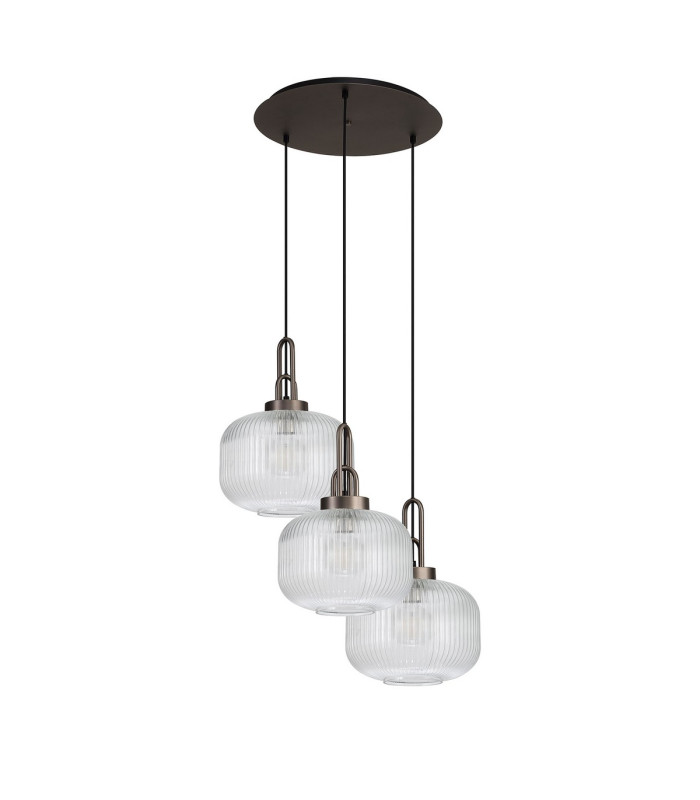 Yorktown 65cm 2m Round Pendant 3 x E27 Antique Silver/Matt Black 30cm Pumpkin Shaped Ribbed Clear Glass-4