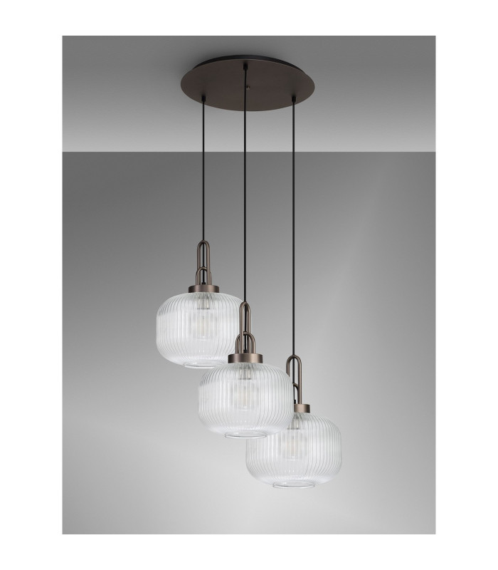 Yorktown 65cm 2m Round Pendant 3 x E27 Antique Silver/Matt Black 30cm Pumpkin Shaped Ribbed Clear Glass-10