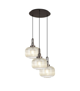Yorktown 65cm 2m Round Pendant 3 x E27 Antique Silver/Matt Black 30cm Pumpkin Shaped Ribbed Champagne Glass-1