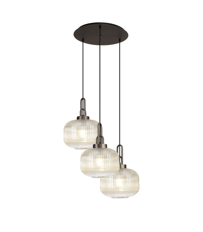 Yorktown 65cm 2m Round Pendant 3 x E27 Antique Silver/Matt Black 30cm Pumpkin Shaped Ribbed Champagne Glass-1
