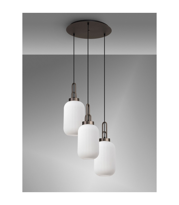 Yorktown 55cm Round 3 Light Pendant 20cm Tubular Ribbed Glass Antique Silver/Matt Black Opal-9