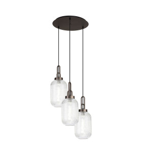 Yorktown 55cm Round 3 Light Pendant 20cm Tubular Ribbed Glass Antique Silver/Matt Black Clear-1