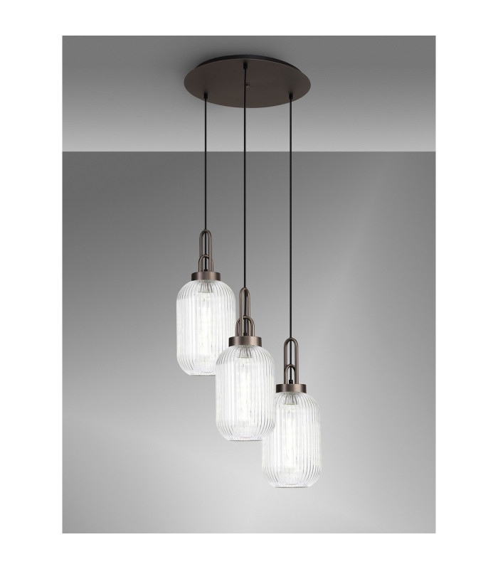 Yorktown 55cm Round 3 Light Pendant 20cm Tubular Ribbed Glass Antique Silver/Matt Black Clear-3