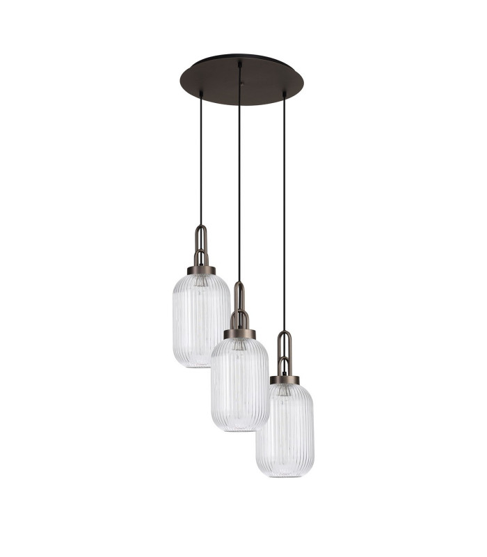 Yorktown 55cm Round 3 Light Pendant 20cm Tubular Ribbed Glass Antique Silver/Matt Black Clear-4