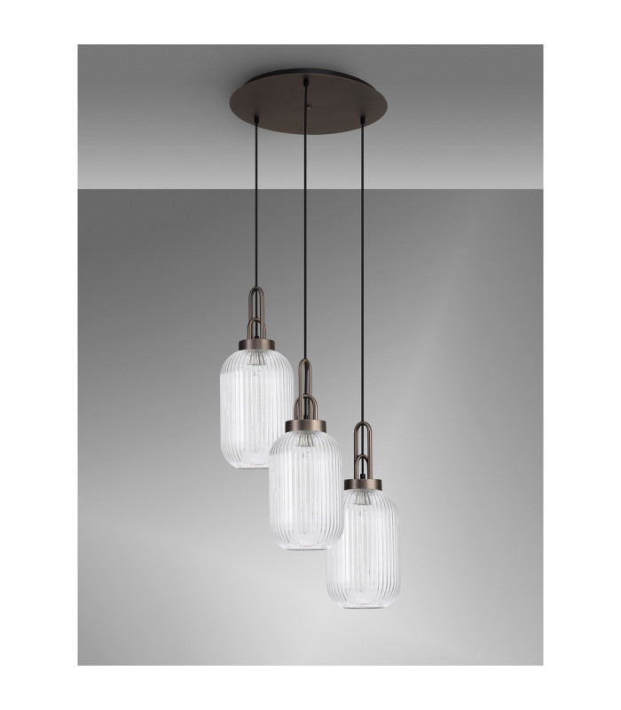Yorktown 55cm Round 3 Light Pendant 20cm Tubular Ribbed Glass Antique Silver/Matt Black Clear-10