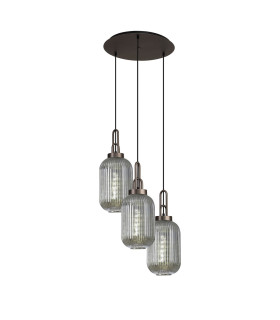 Yorktown 55cm Round 3 Light Pendant 20cm Tubular Ribbed Glass Antique Silver/Matt Black Smoked-1