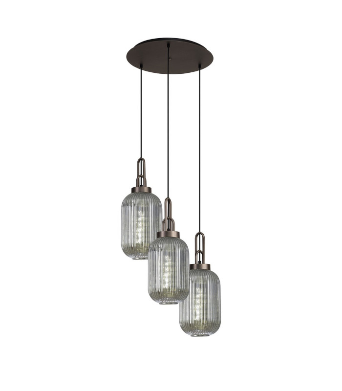 Yorktown 55cm Round 3 Light Pendant 20cm Tubular Ribbed Glass Antique Silver/Matt Black Smoked-1