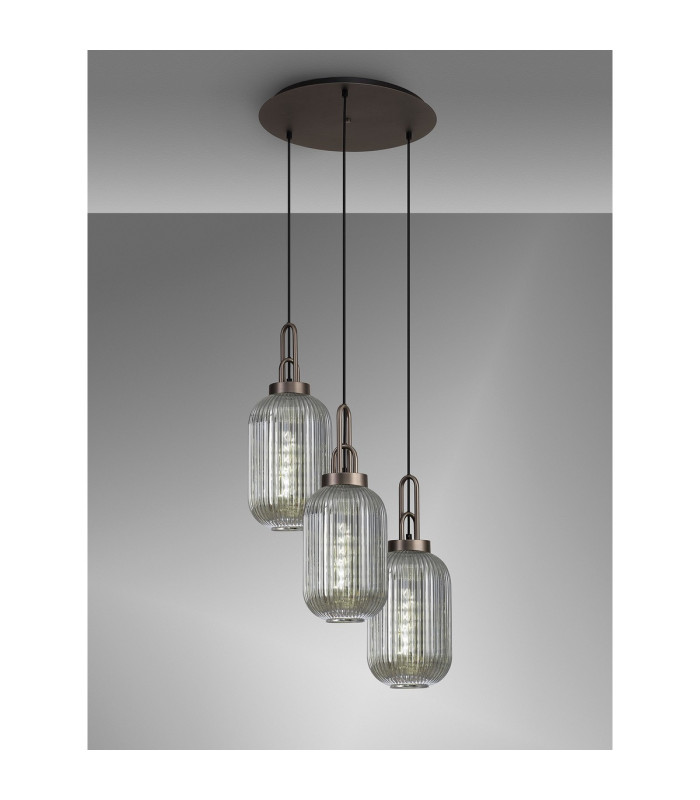 Yorktown 55cm Round 3 Light Pendant 20cm Tubular Ribbed Glass Antique Silver/Matt Black Smoked-3