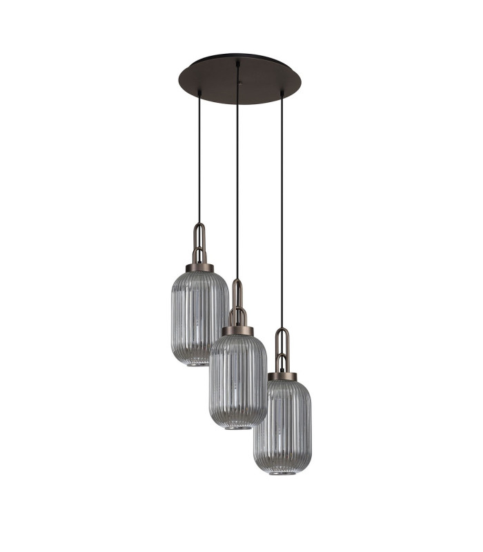 Yorktown 55cm Round 3 Light Pendant 20cm Tubular Ribbed Glass Antique Silver/Matt Black Smoked-4