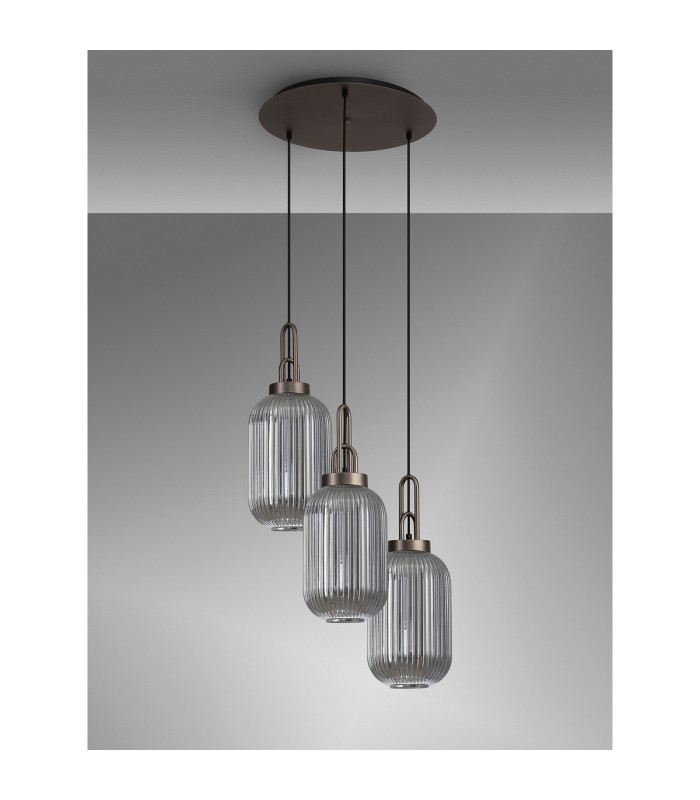 Yorktown 55cm Round 3 Light Pendant 20cm Tubular Ribbed Glass Antique Silver/Matt Black Smoked-10