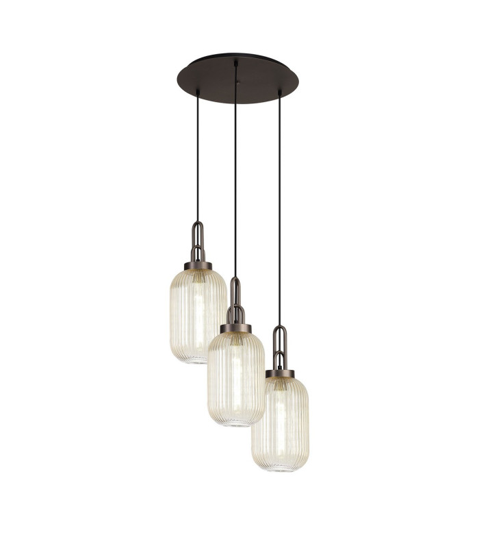 Yorktown 55cm Round 3 Light Pendant 20cm Tubular Ribbed Glass Antique Silver/Matt Black Champagne-1