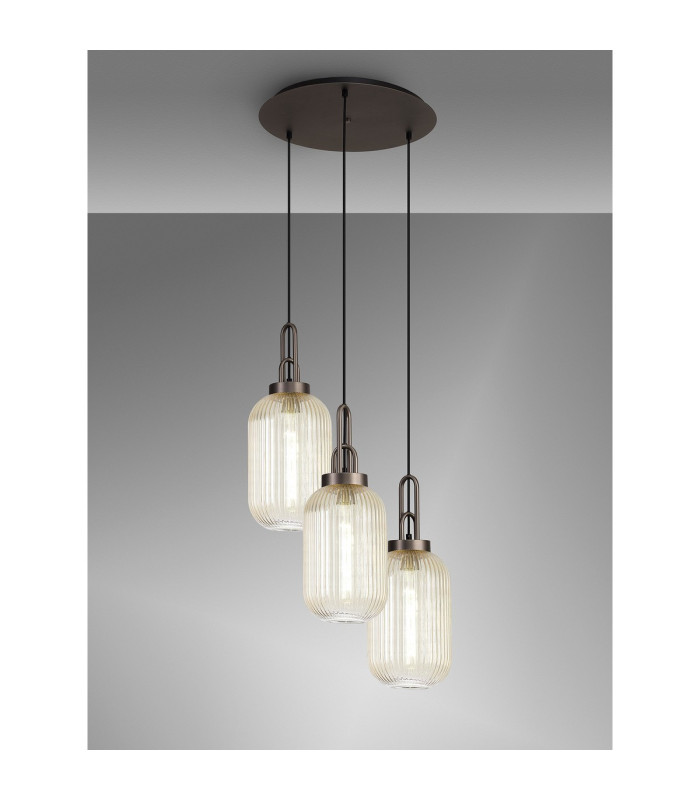 Yorktown 55cm Round 3 Light Pendant 20cm Tubular Ribbed Glass Antique Silver/Matt Black Champagne-3