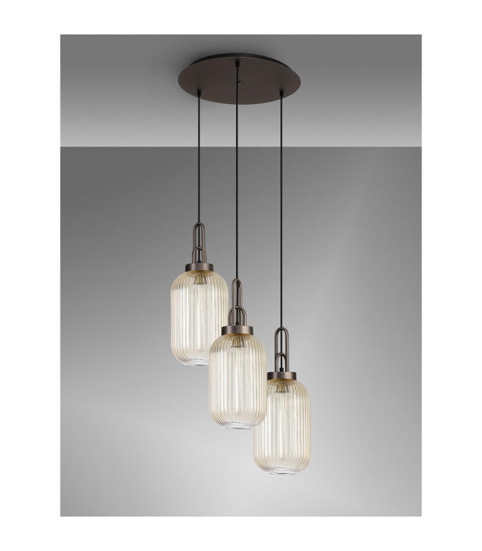 Yorktown 55cm Round 3 Light Pendant 20cm Tubular Ribbed Glass Antique Silver/Matt Black Champagne-10