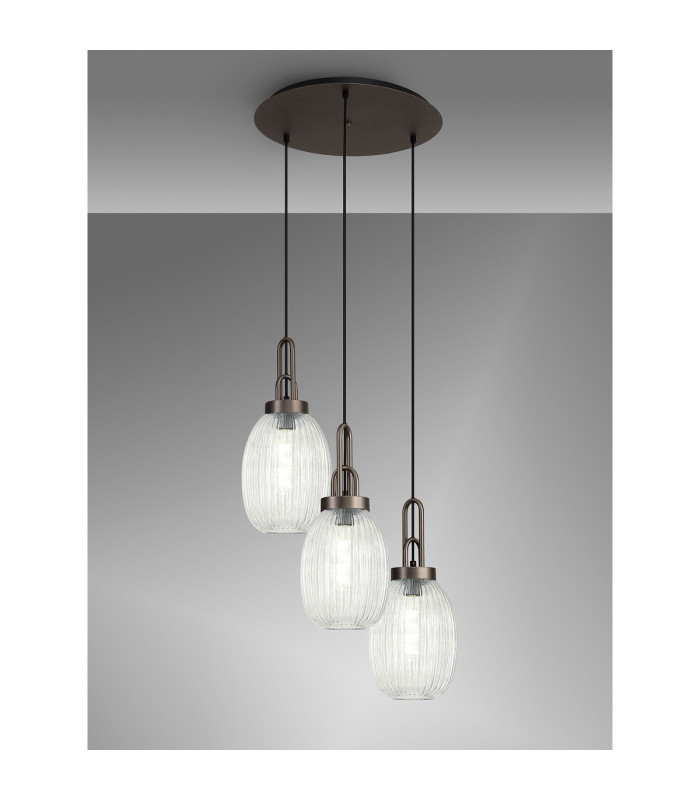 Yorktown 55cm Round 3 Light Pendant 20cm Almond Ribbed Glass Antique Silver/Matt Black Clear-3