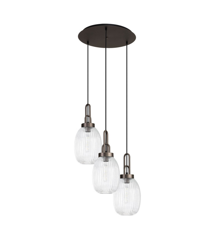 Yorktown 55cm Round 3 Light Pendant 20cm Almond Ribbed Glass Antique Silver/Matt Black Clear-4