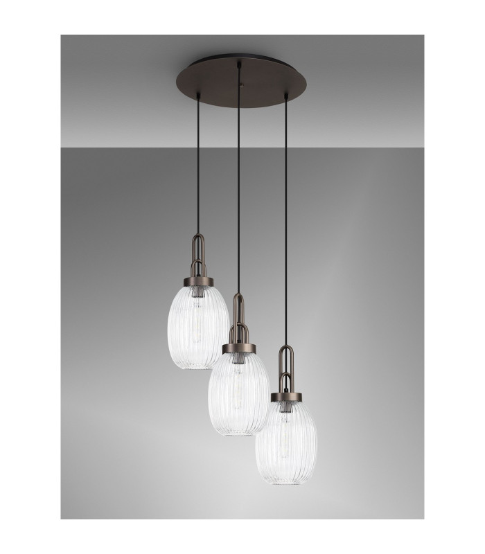 Yorktown 55cm Round 3 Light Pendant 20cm Almond Ribbed Glass Antique Silver/Matt Black Clear-9