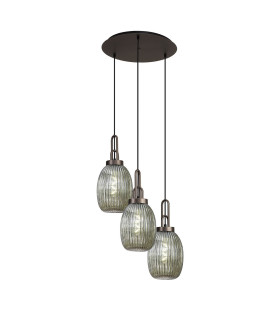 Yorktown 55cm Round 3 Light Pendant 20cm Almond Ribbed Glass Antique Silver/Matt Black Smoked-1