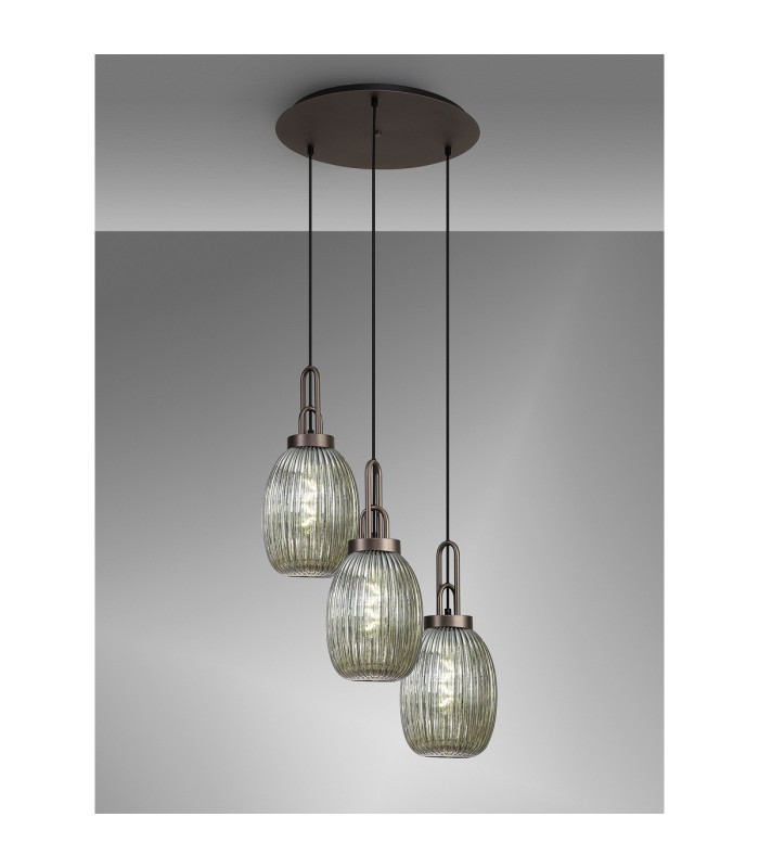 Yorktown 55cm Round 3 Light Pendant 20cm Almond Ribbed Glass Antique Silver/Matt Black Smoked-3