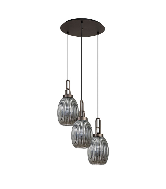 Yorktown 55cm Round 3 Light Pendant 20cm Almond Ribbed Glass Antique Silver/Matt Black Smoked-4