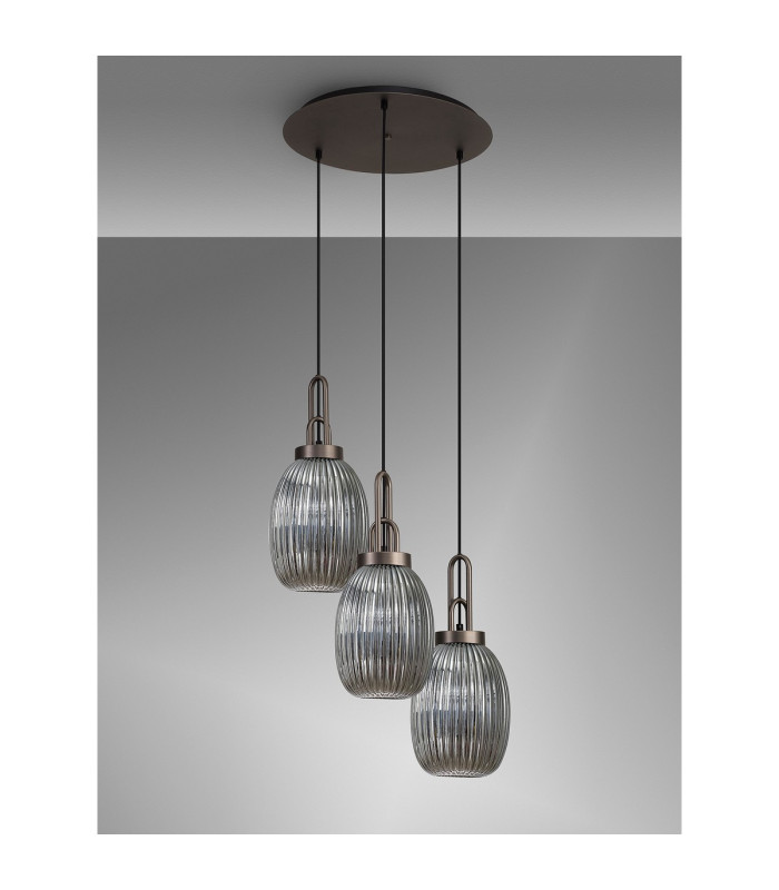 Yorktown 55cm Round 3 Light Pendant 20cm Almond Ribbed Glass Antique Silver/Matt Black Smoked-9