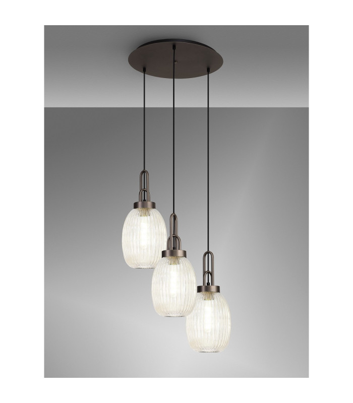 Yorktown 55cm Round 3 Light Pendant 20cm Almond Ribbed Glass Antique Silver/Matt Black Champagne-3