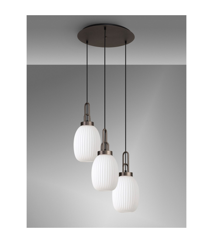 Yorktown 55cm Round 3 Light Pendant 20cm Almond Ribbed Glass Antique Silver/Matt Black Opal-9