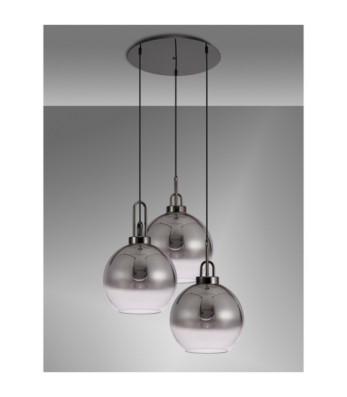 Yorktown 65cm Round 3 Light Pendant 30cm Globe Glass Black Chrome/Matt Black Smoked/Clear-10