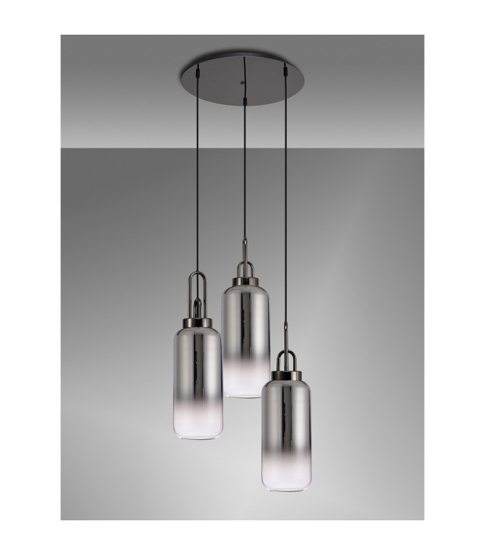 Yorktown 51cm Round 3 Light Pendant 16cm Cylinder Glass Black Chrome/Matt Black Smoked/Clear-10