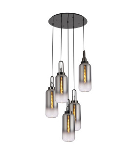 Yorktown 61cm Round 5 Light Pendant 16cm Cylinder Glass Black Chrome/Matt Black Smoked/Clear-1
