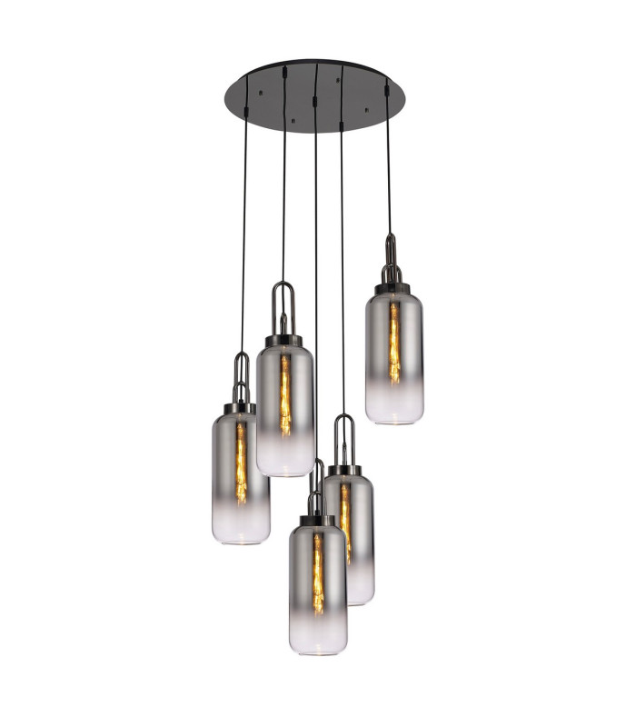 Yorktown 61cm Round 5 Light Pendant 16cm Cylinder Glass Black Chrome/Matt Black Smoked/Clear-1