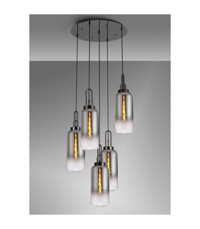 Yorktown 61cm Round 5 Light Pendant 16cm Cylinder Glass Black Chrome/Matt Black Smoked/Clear-3