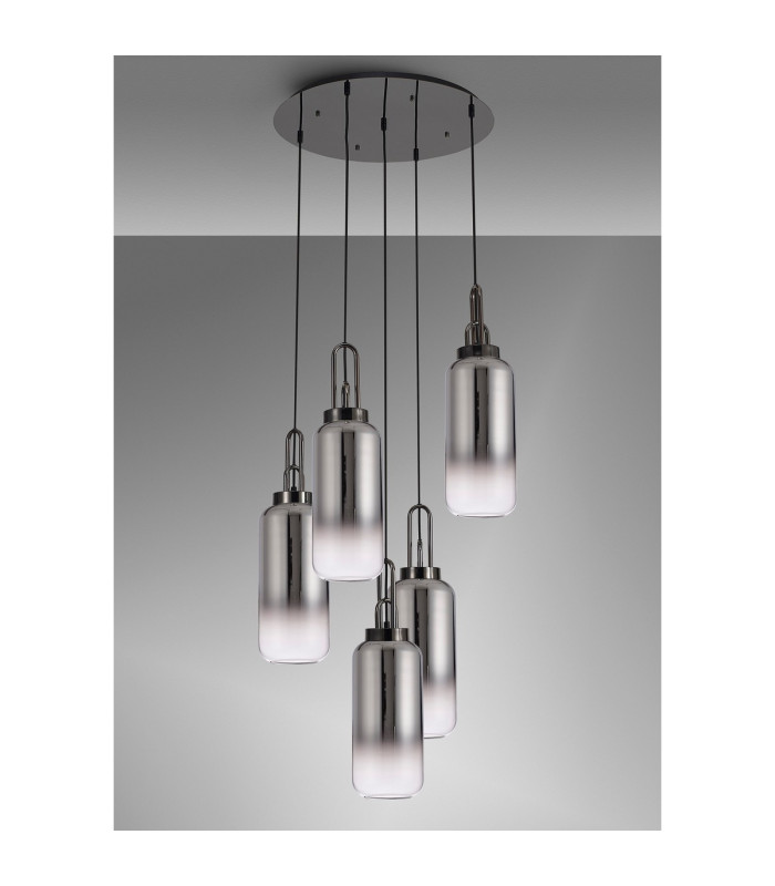 Yorktown 61cm Round 5 Light Pendant 16cm Cylinder Glass Black Chrome/Matt Black Smoked/Clear-10