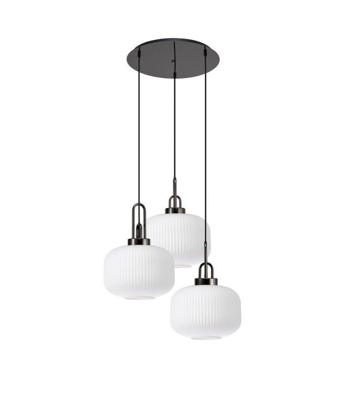Yorktown 65cm 2m Round Pendant 3 x E27 Black Chrome/Matt Black 30cm Pumpkin Shaped Ribbed Opal Glass-4