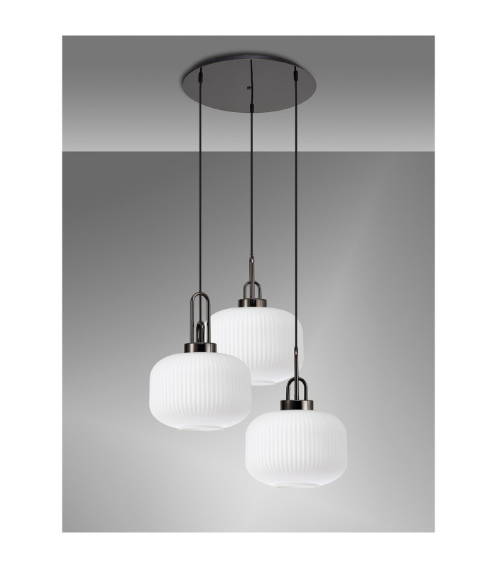 Yorktown 65cm 2m Round Pendant 3 x E27 Black Chrome/Matt Black 30cm Pumpkin Shaped Ribbed Opal Glass-10