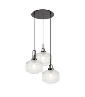 Yorktown 65cm 2m Round Pendant 3 x E27 Black Chrome/Matt Black 30cm Pumpkin Shaped Ribbed Clear Glass-1