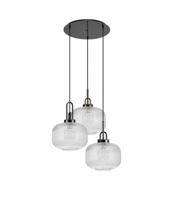 Yorktown 65cm 2m Round Pendant 3 x E27 Black Chrome/Matt Black 30cm Pumpkin Shaped Ribbed Clear Glass-4