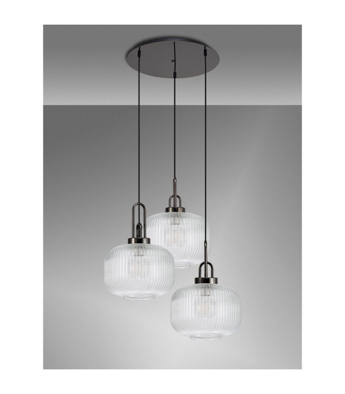 Yorktown 65cm 2m Round Pendant 3 x E27 Black Chrome/Matt Black 30cm Pumpkin Shaped Ribbed Clear Glass-10