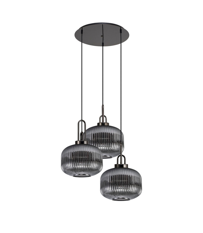 Yorktown 65cm 2m Round Pendant 3 x E27 Black Chrome/Matt Black 30cm Pumpkin Shaped Ribbed Smoked Glass-4
