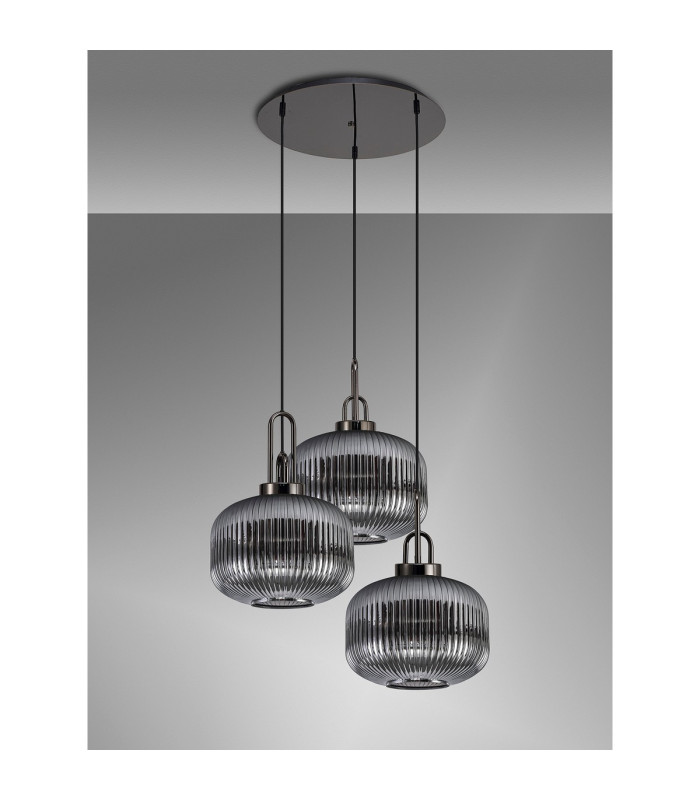 Yorktown 65cm 2m Round Pendant 3 x E27 Black Chrome/Matt Black 30cm Pumpkin Shaped Ribbed Smoked Glass-10