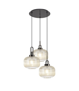 Yorktown 65cm 2m Round Pendant 3 x E27 Black Chrome/Matt Black 30cm Pumpkin Shaped Ribbed Champagne Glass-1