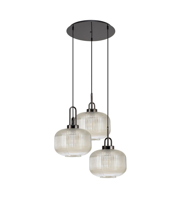 Yorktown 65cm 2m Round Pendant 3 x E27 Black Chrome/Matt Black 30cm Pumpkin Shaped Ribbed Champagne Glass-4