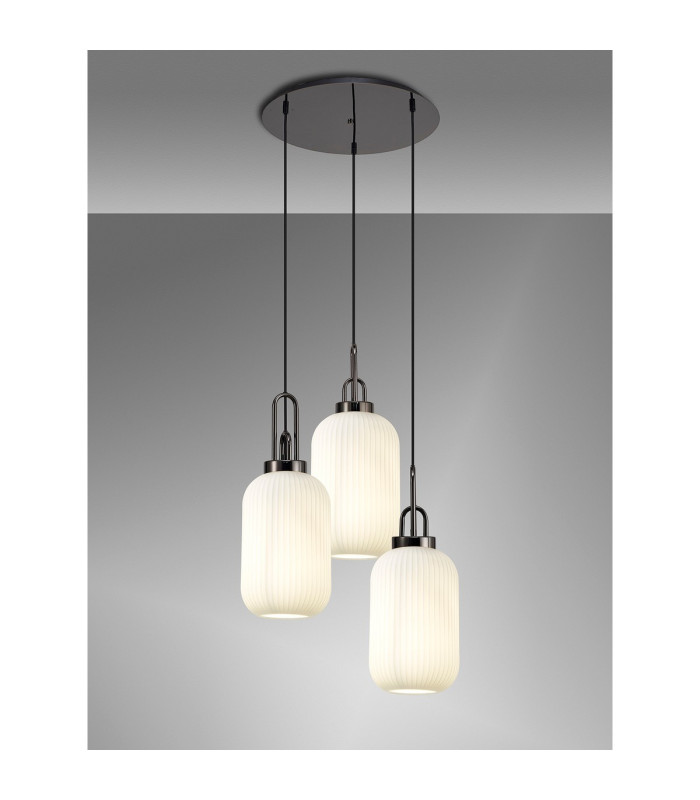 Yorktown 55cm Round 3 Light Pendant 20cm Tubular Ribbed Glass Black Chrome/Matt Black Opal-3