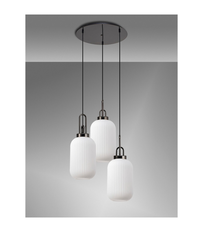 Yorktown 55cm Round 3 Light Pendant 20cm Tubular Ribbed Glass Black Chrome/Matt Black Opal-9