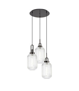 Yorktown 55cm Round 3 Light Pendant 20cm Tubular Ribbed Glass Black Chrome/Matt Black Clear-1