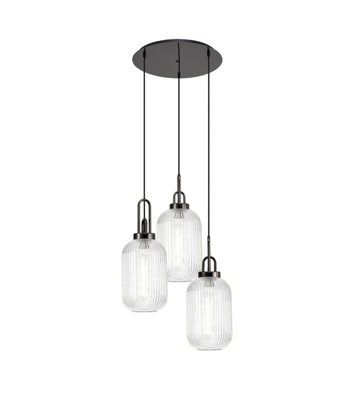 Yorktown 55cm Round 3 Light Pendant 20cm Tubular Ribbed Glass Black Chrome/Matt Black Clear-1
