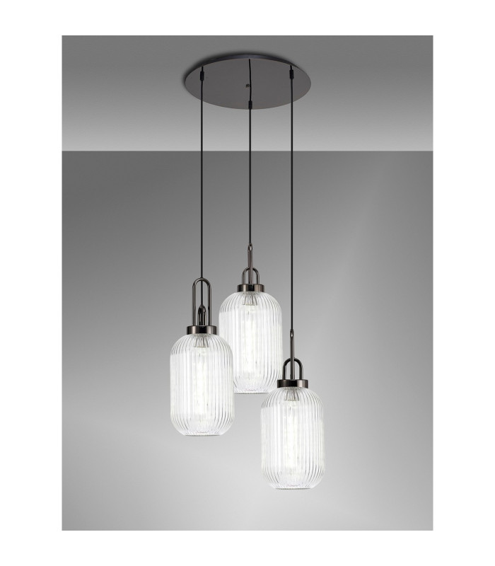 Yorktown 55cm Round 3 Light Pendant 20cm Tubular Ribbed Glass Black Chrome/Matt Black Clear-3