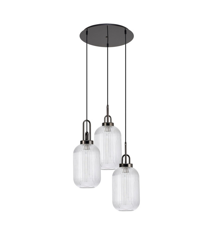 Yorktown 55cm Round 3 Light Pendant 20cm Tubular Ribbed Glass Black Chrome/Matt Black Clear-4